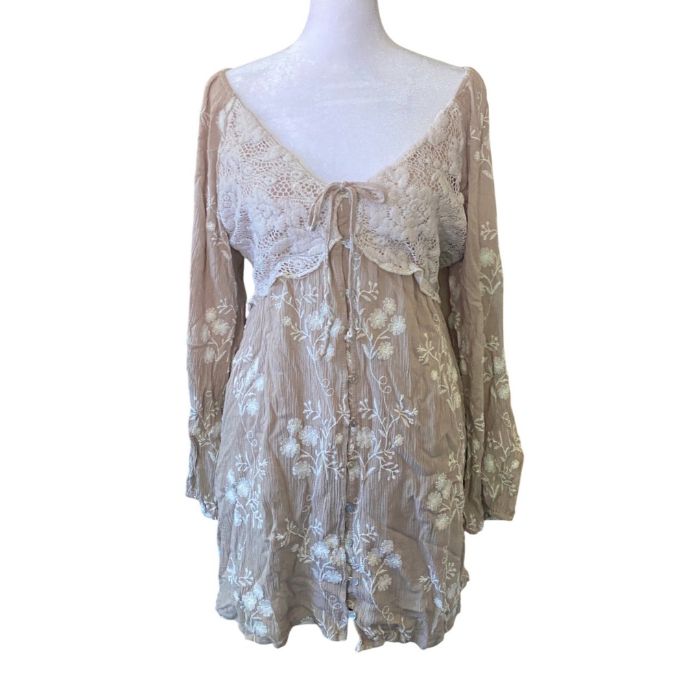 Embroidered Crochet Lace Mini Dress Boho Large Tan Festival Western Fairy Earthy